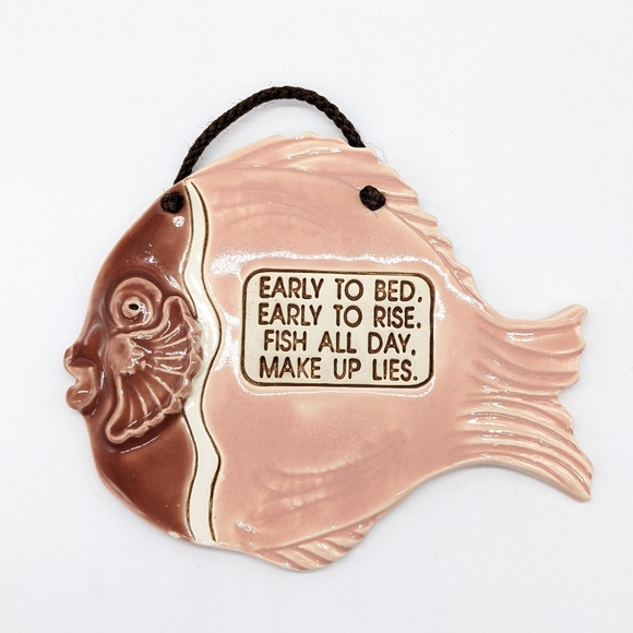Vintage Smoky Mountain Pottery pink fish fishing joke wall hanging